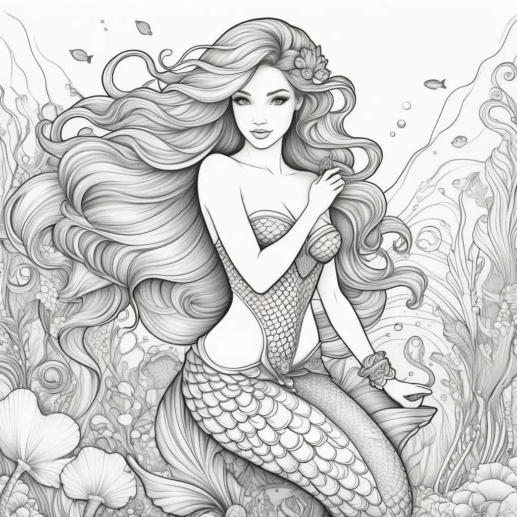 black and white mermaid color page with hair and fins