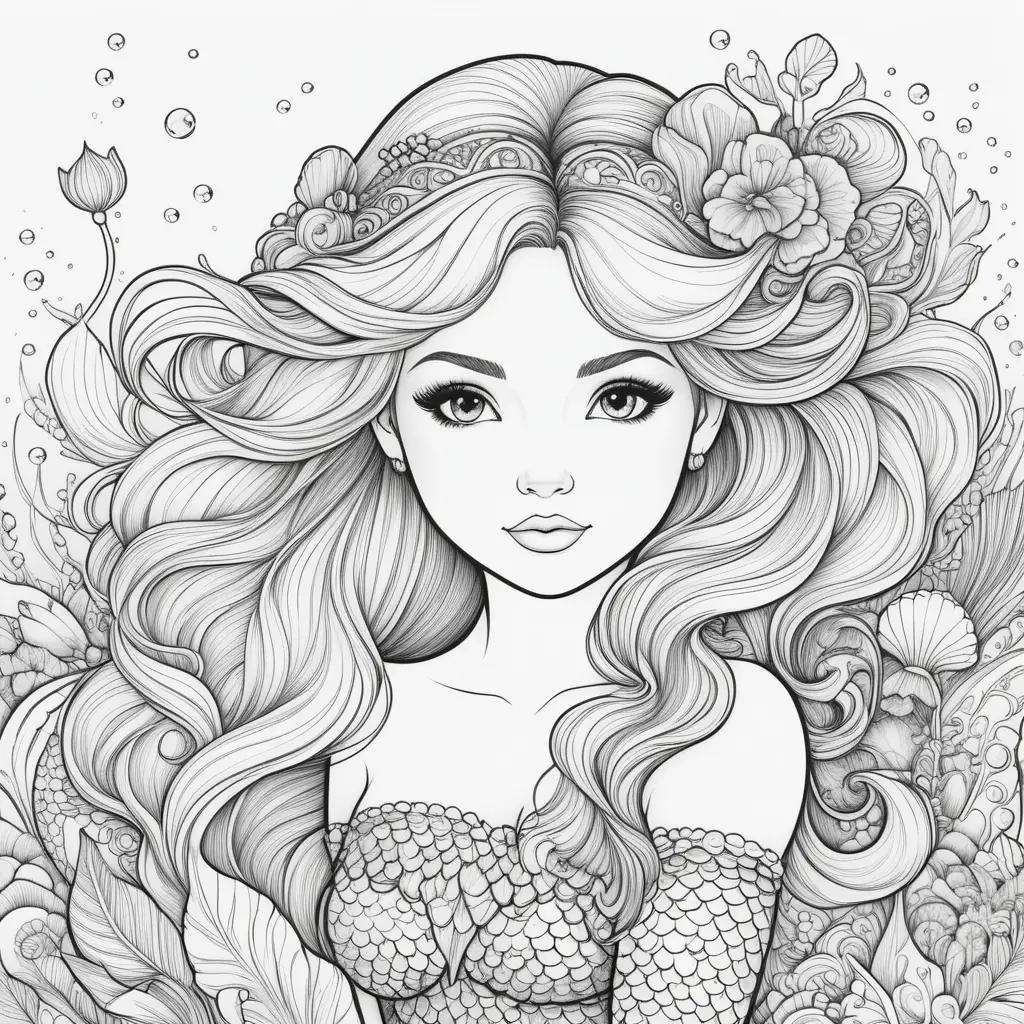 black and white mermaid coloring page with a floral crown