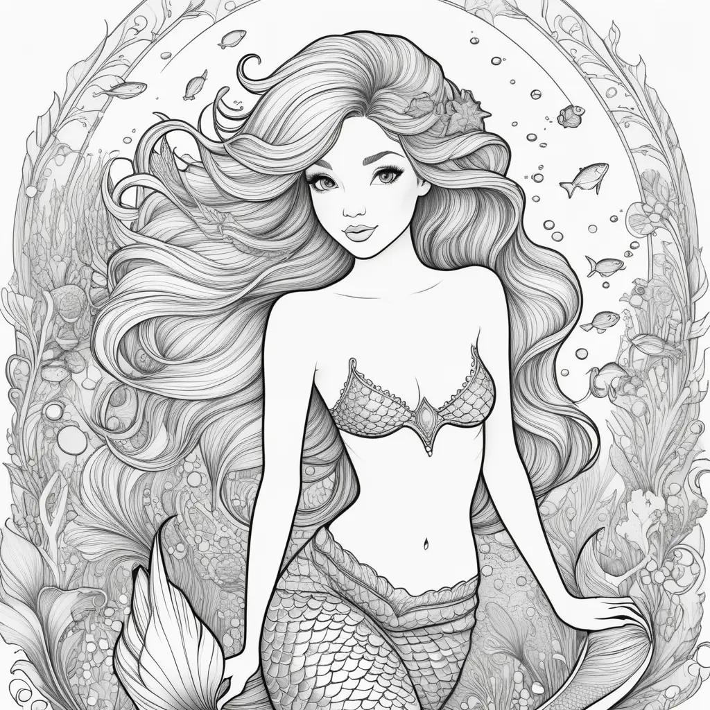 black and white mermaid coloring page with fish and bubbles