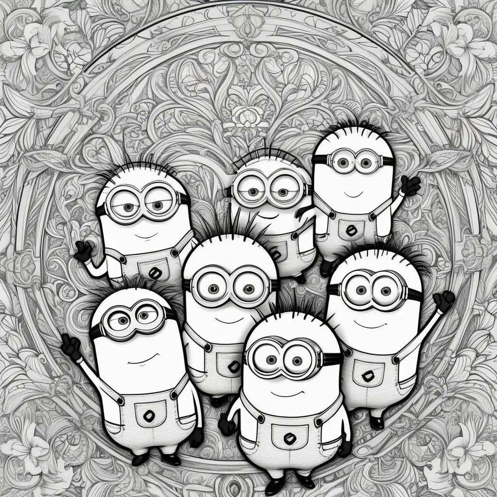 black and white minions coloring page with six figures