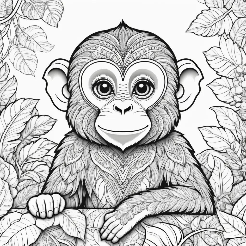 black and white monkey coloring page with leaves