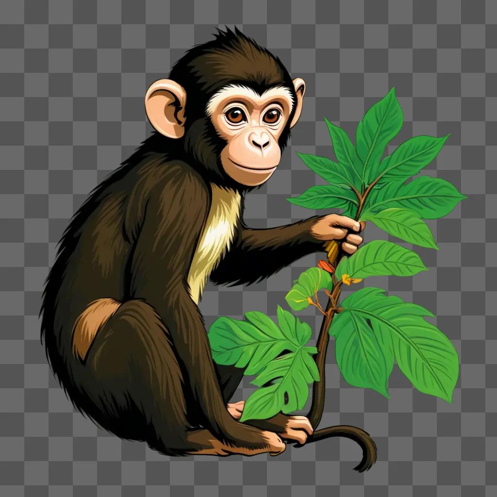 black and white monkey is holding a green leaf