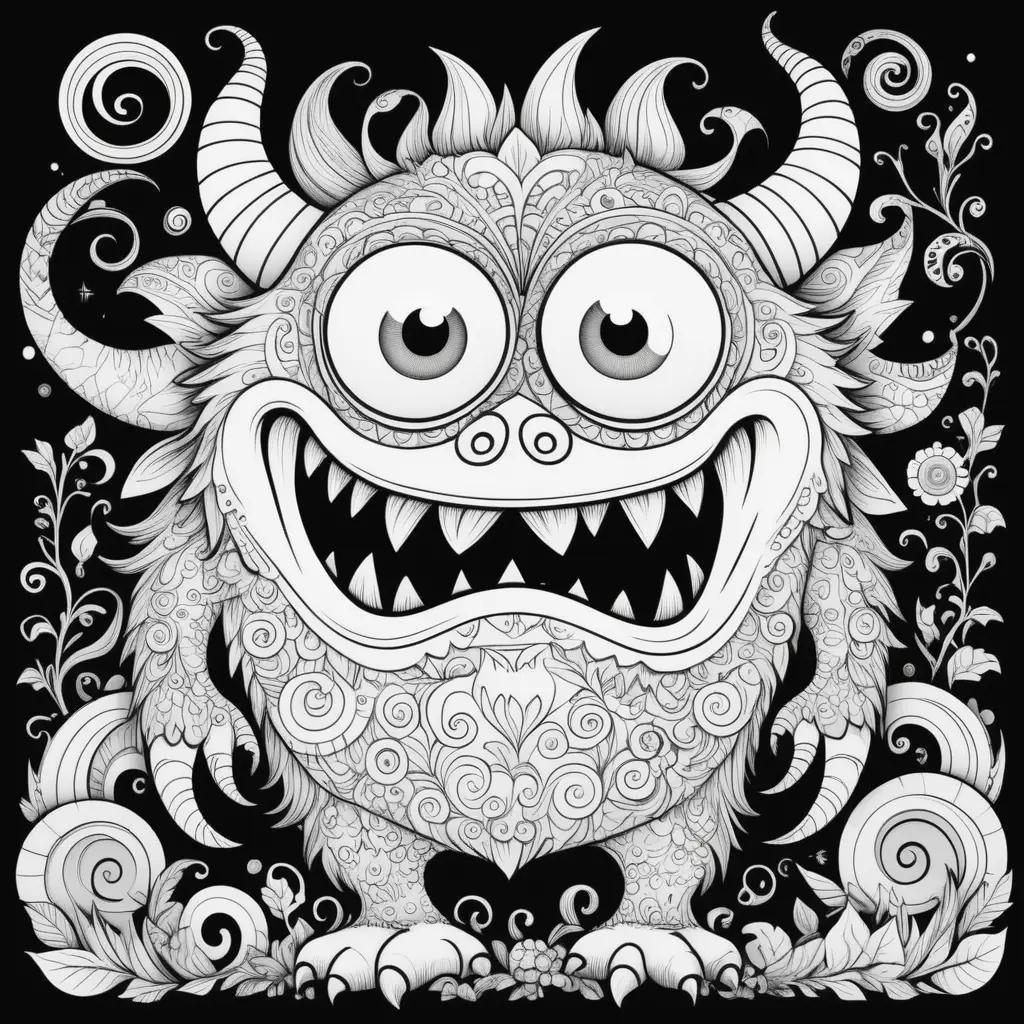 black and white monster coloring page with colorful horns and eyes