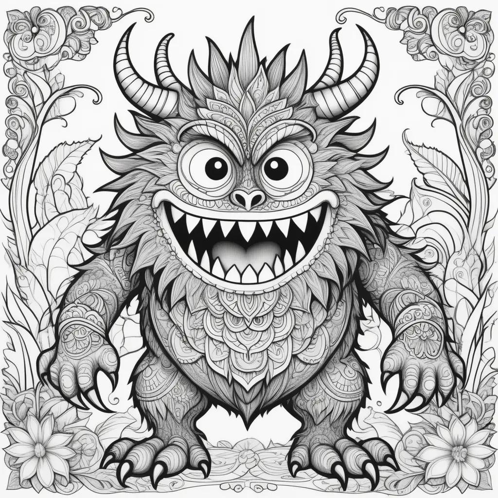 black and white monster coloring page with horns and eyes