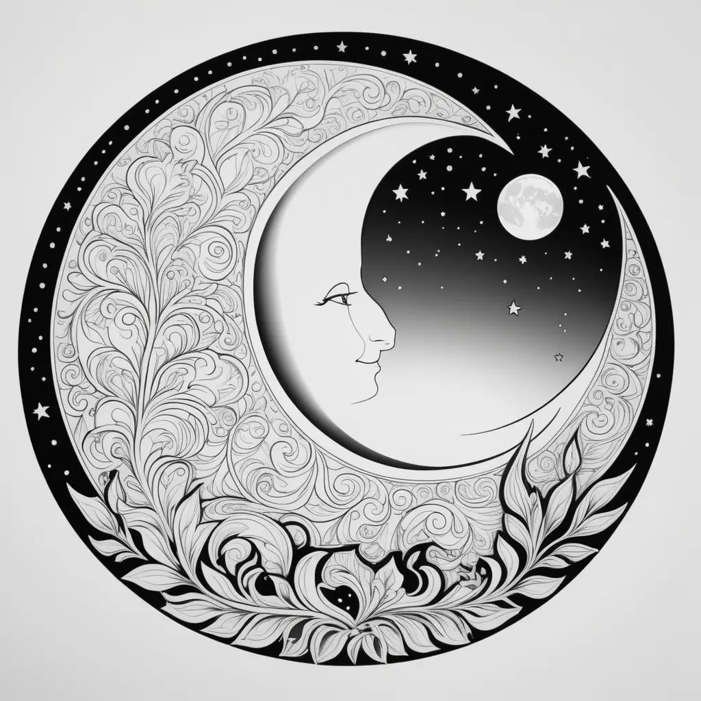 black and white moon coloring page with a face on it