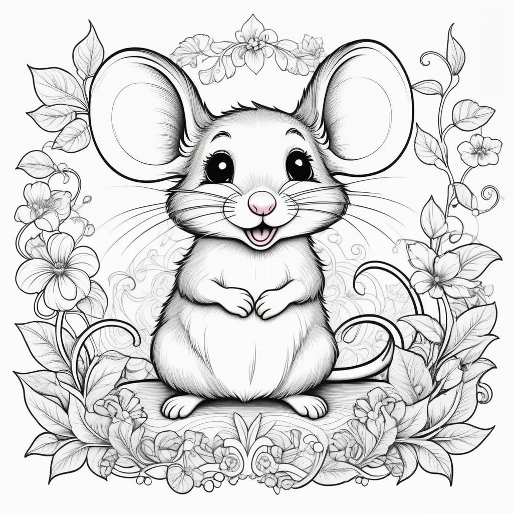 black and white mouse coloring page with a smiling mouse