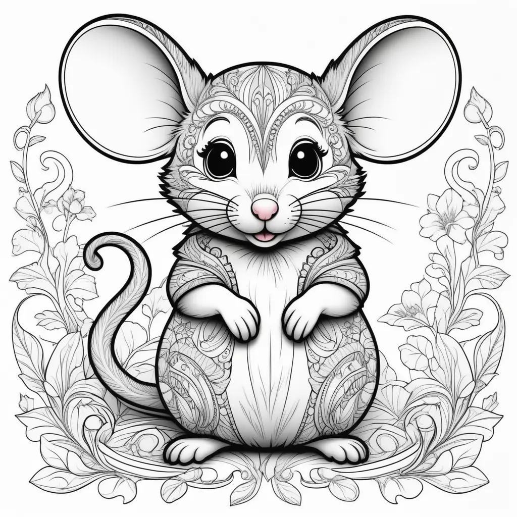 black and white mouse coloring page with decorative borders