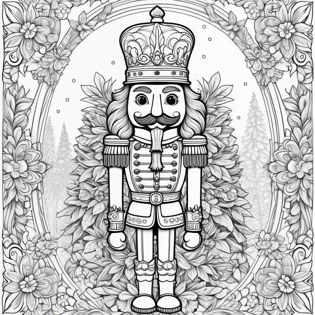 black and white nutcracker coloring page with flowers and trees in the background