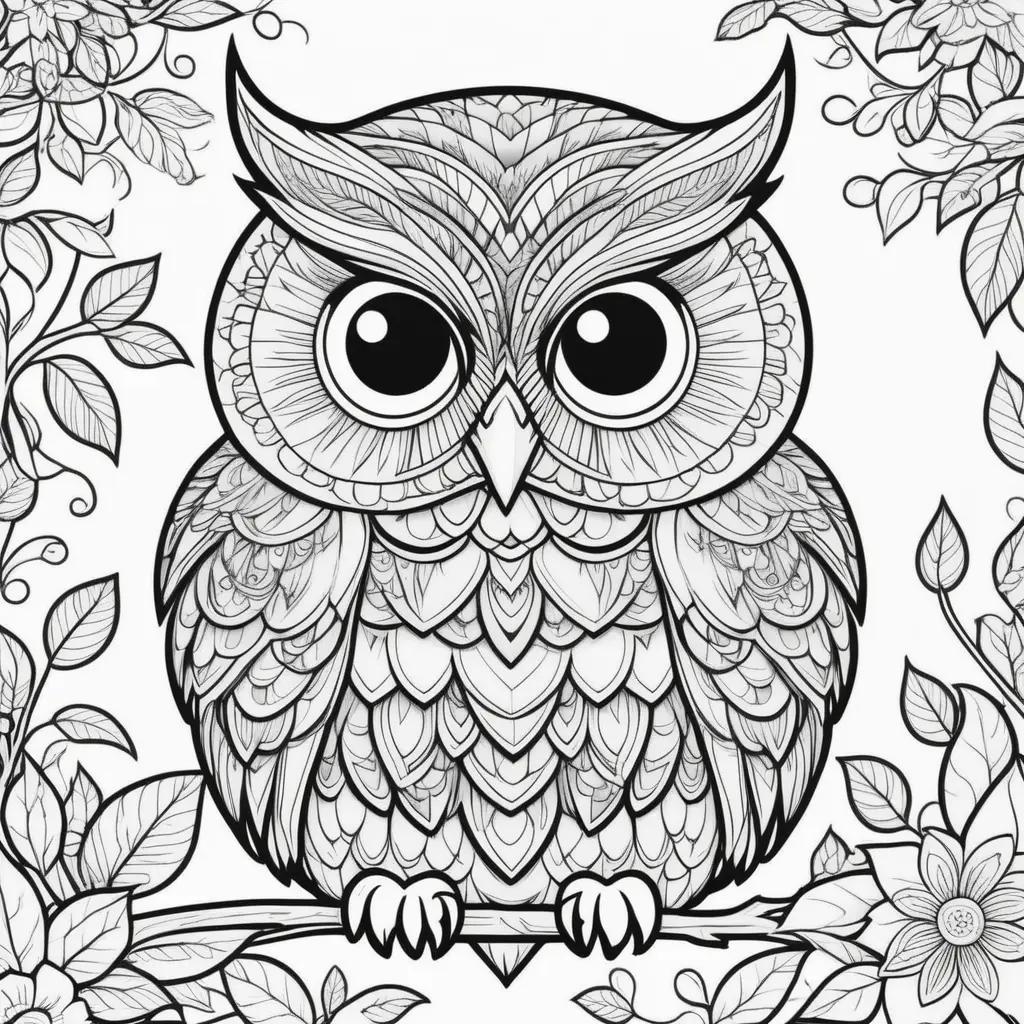 black and white owl coloring page with a floral background