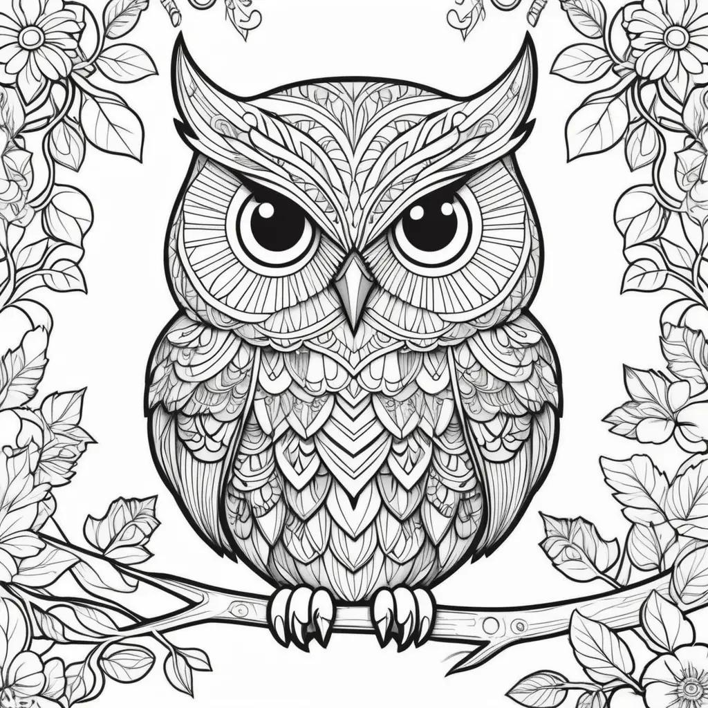 black and white owl coloring page with flowers in the background