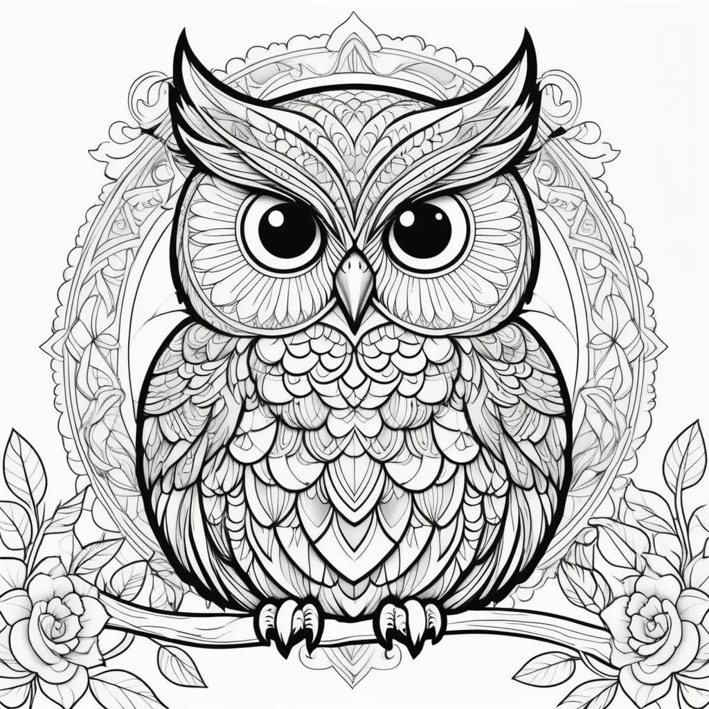 black and white owl coloring page with intricate designs