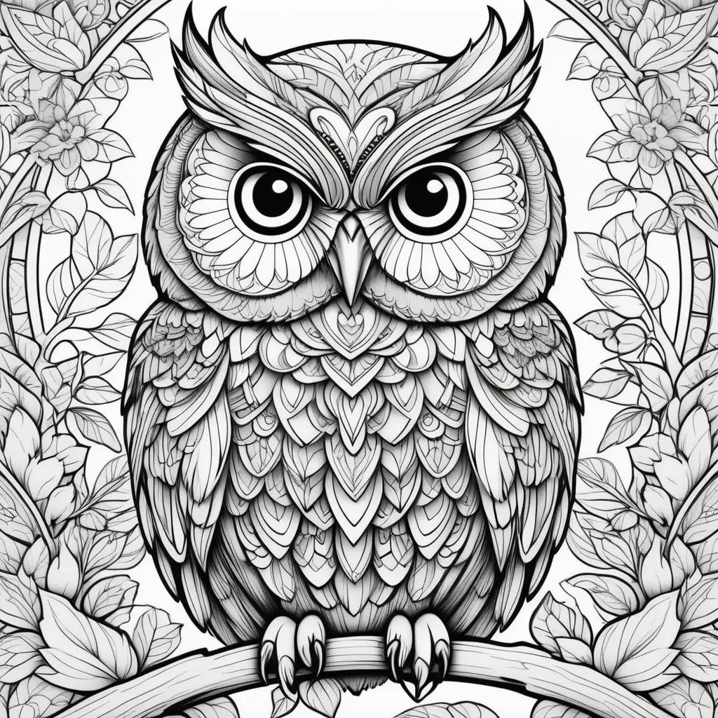 black and white owl coloring page with intricate details