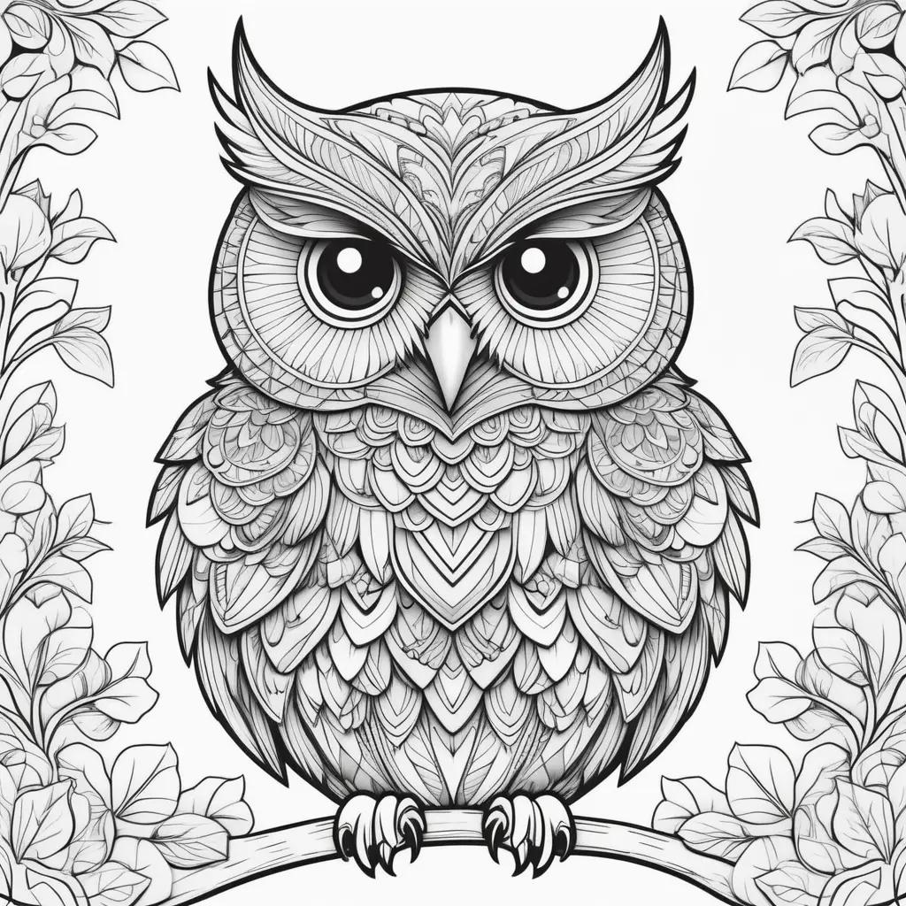 black and white owl coloring page with leaves in the background