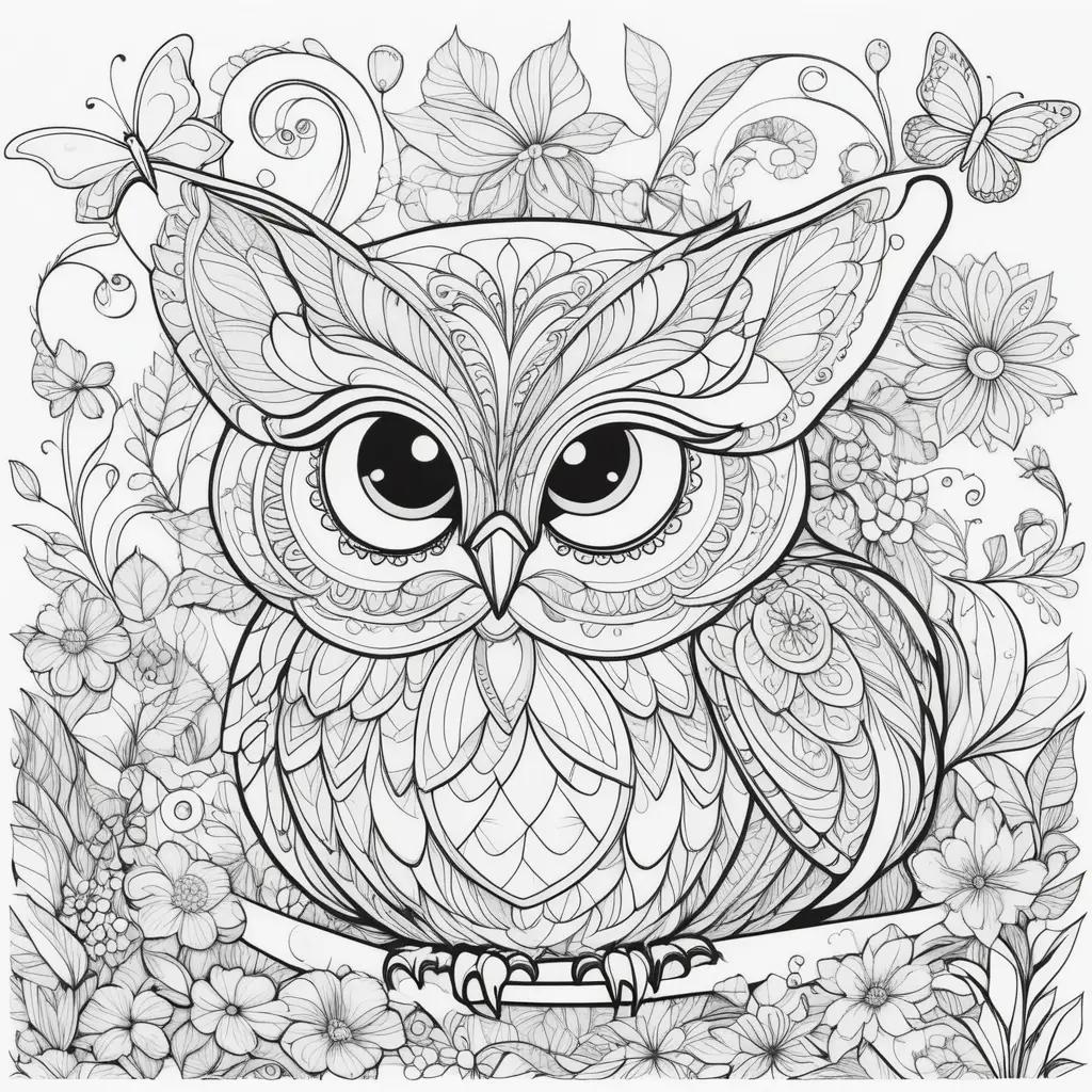 black and white owl with flowers and butterflies in a coloring page