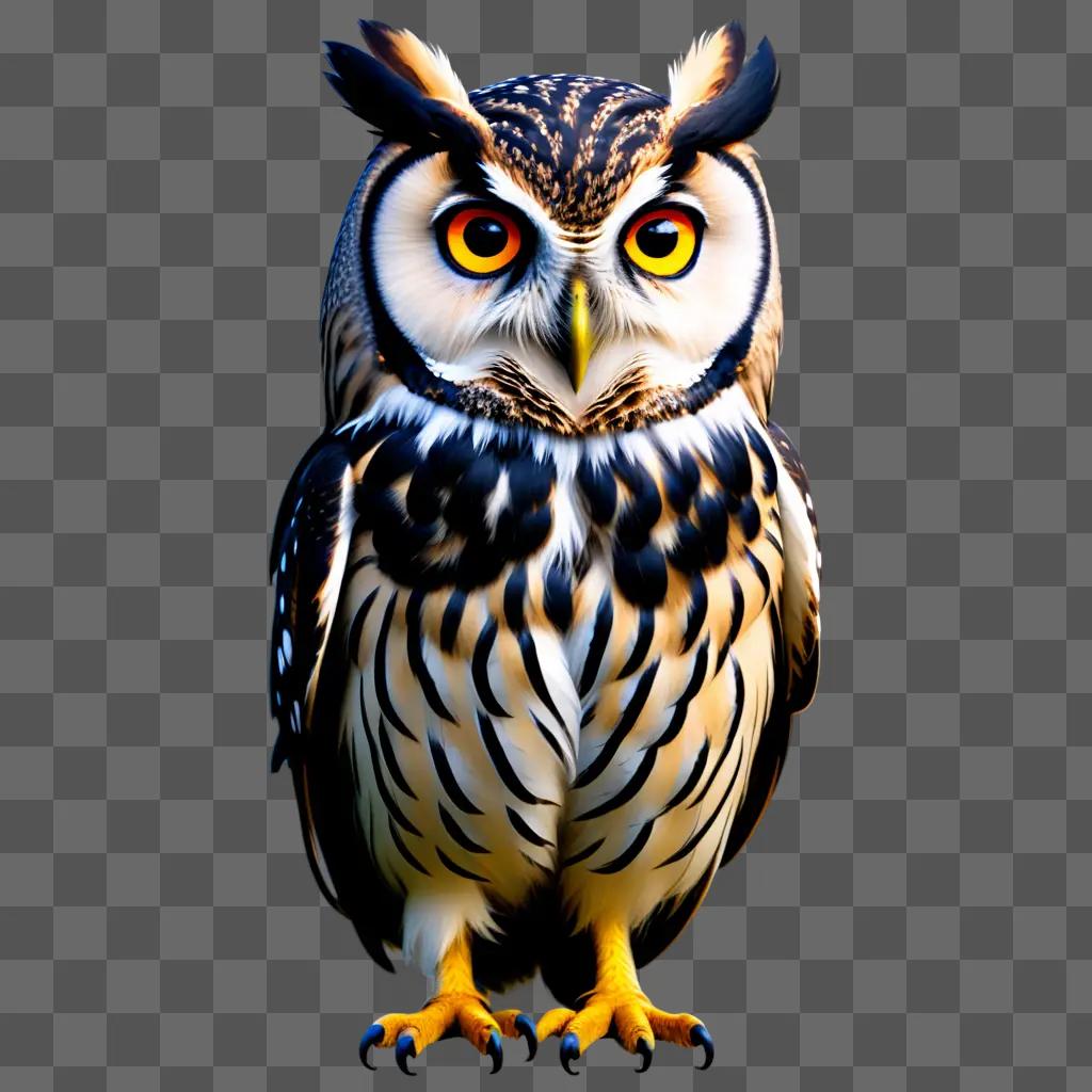 black and white owl with yellow eyes