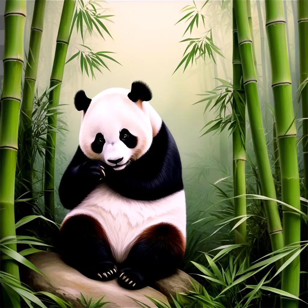 black and white panda on a rock in a bamboo forest