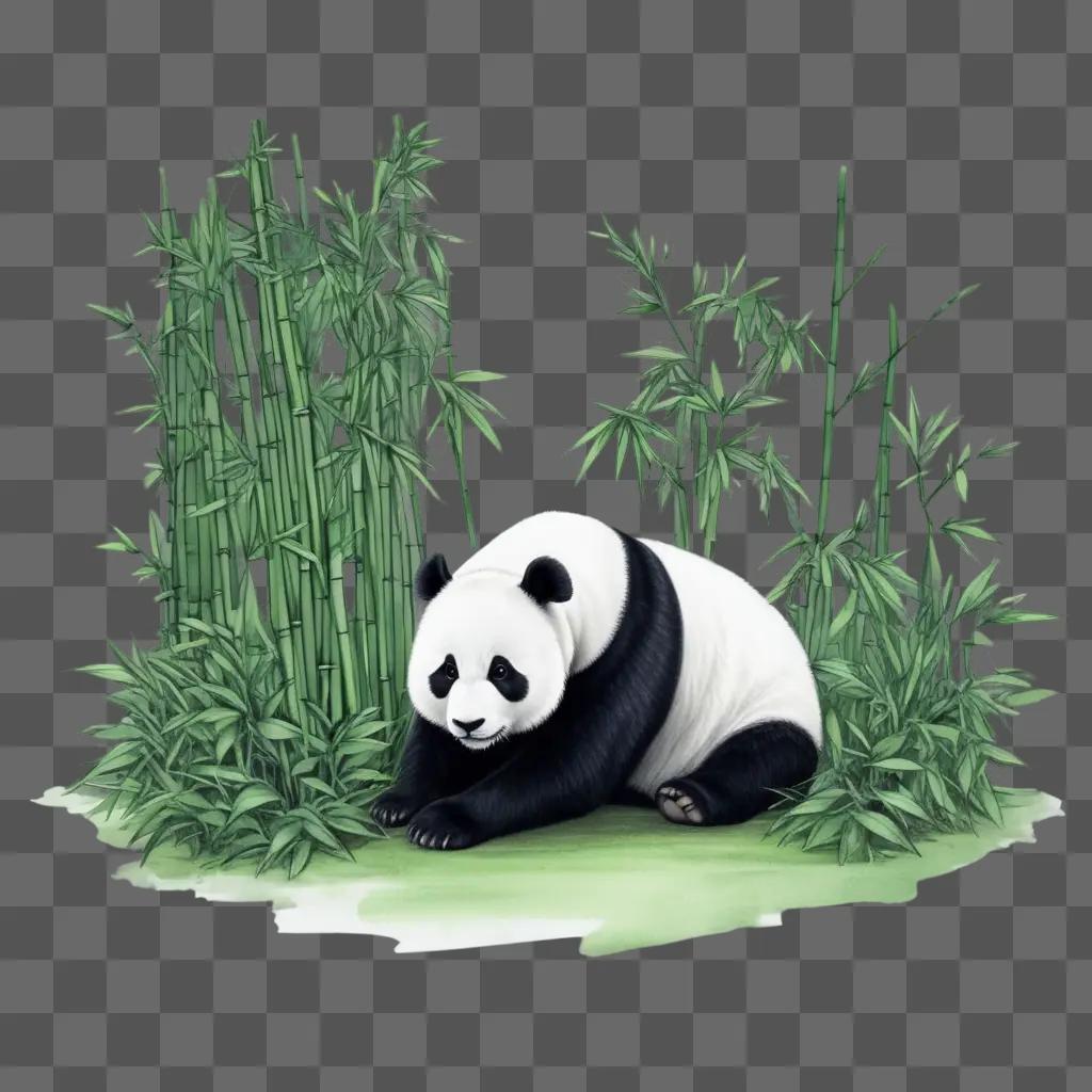 black and white panda sitting on bamboo in a sketch drawing