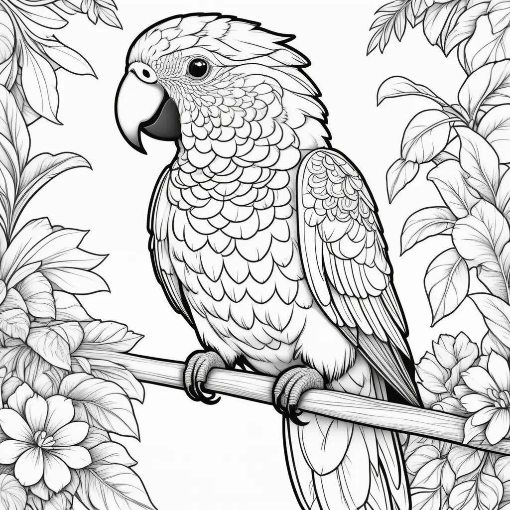 black and white parrot coloring page with flowers in the background