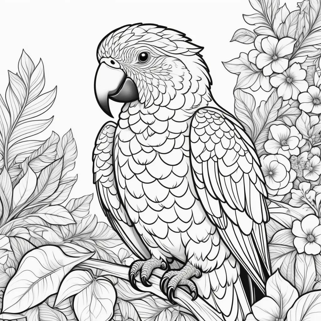 black and white parrot coloring page with leaves and flowers