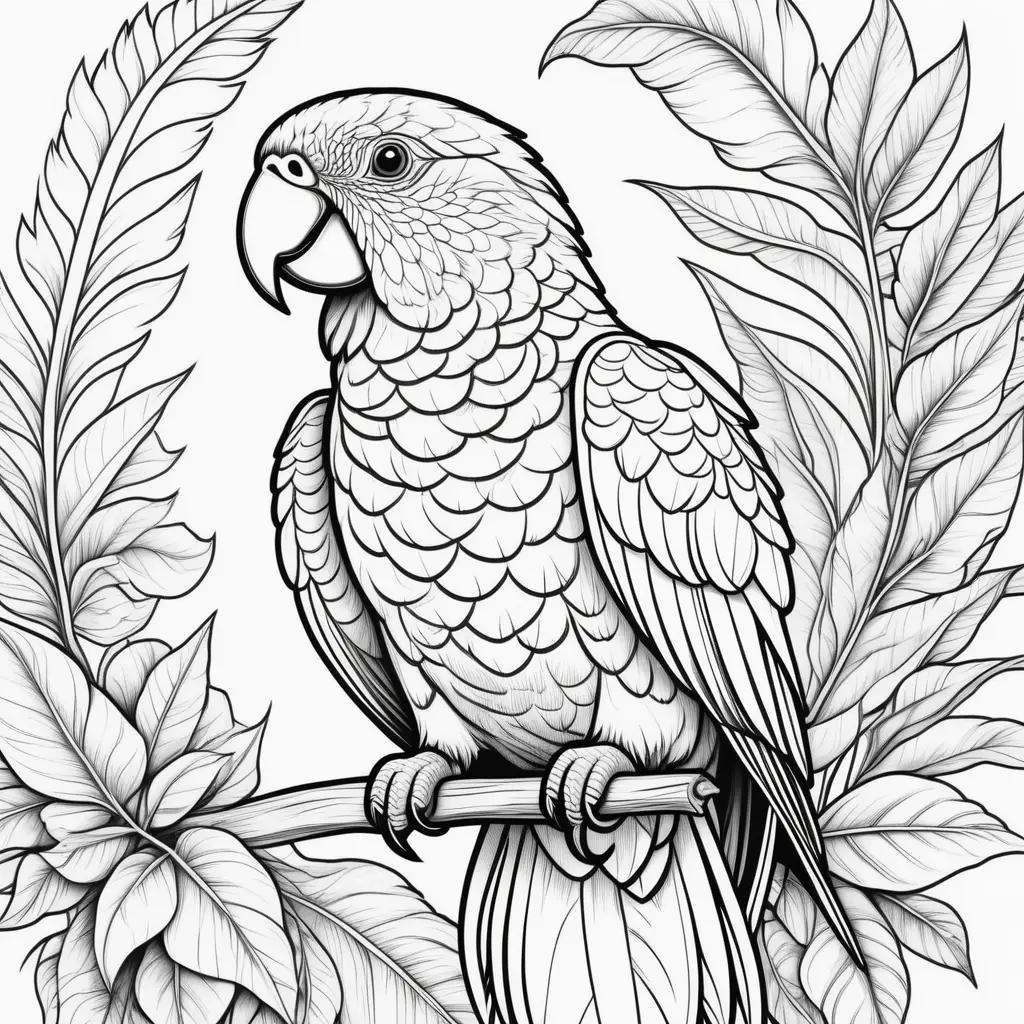 black and white parrot coloring page with leaves in the background