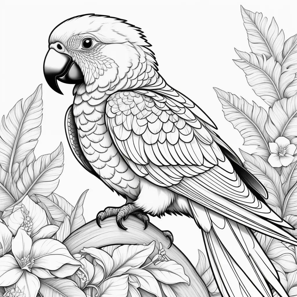 black and white parrot coloring page with leaves