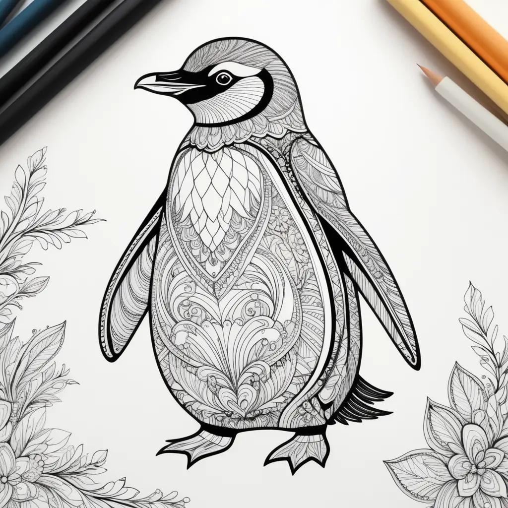 black and white penguin color page with flowers and pencils