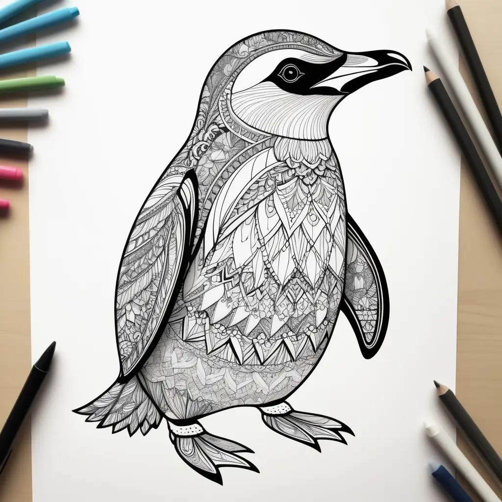 black and white penguin coloring page on a table