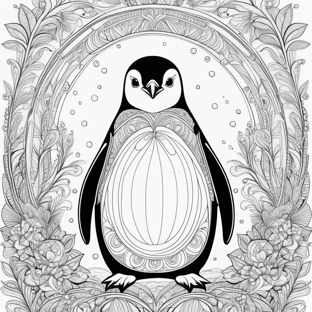 black and white penguin coloring page with a decorative background