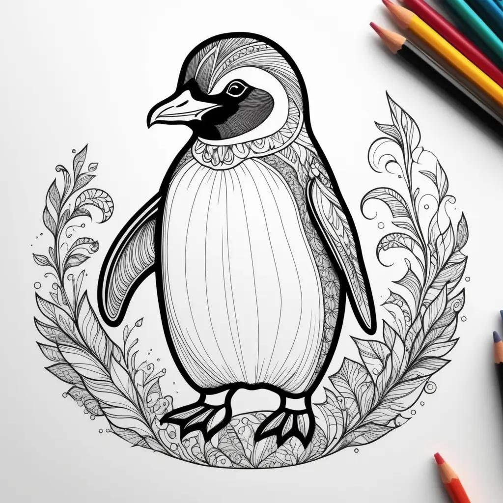 black and white penguin coloring page with a floral frame