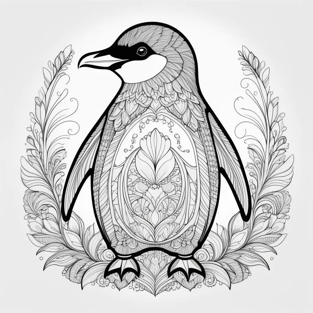 black and white penguin coloring page with a floral wreath around it