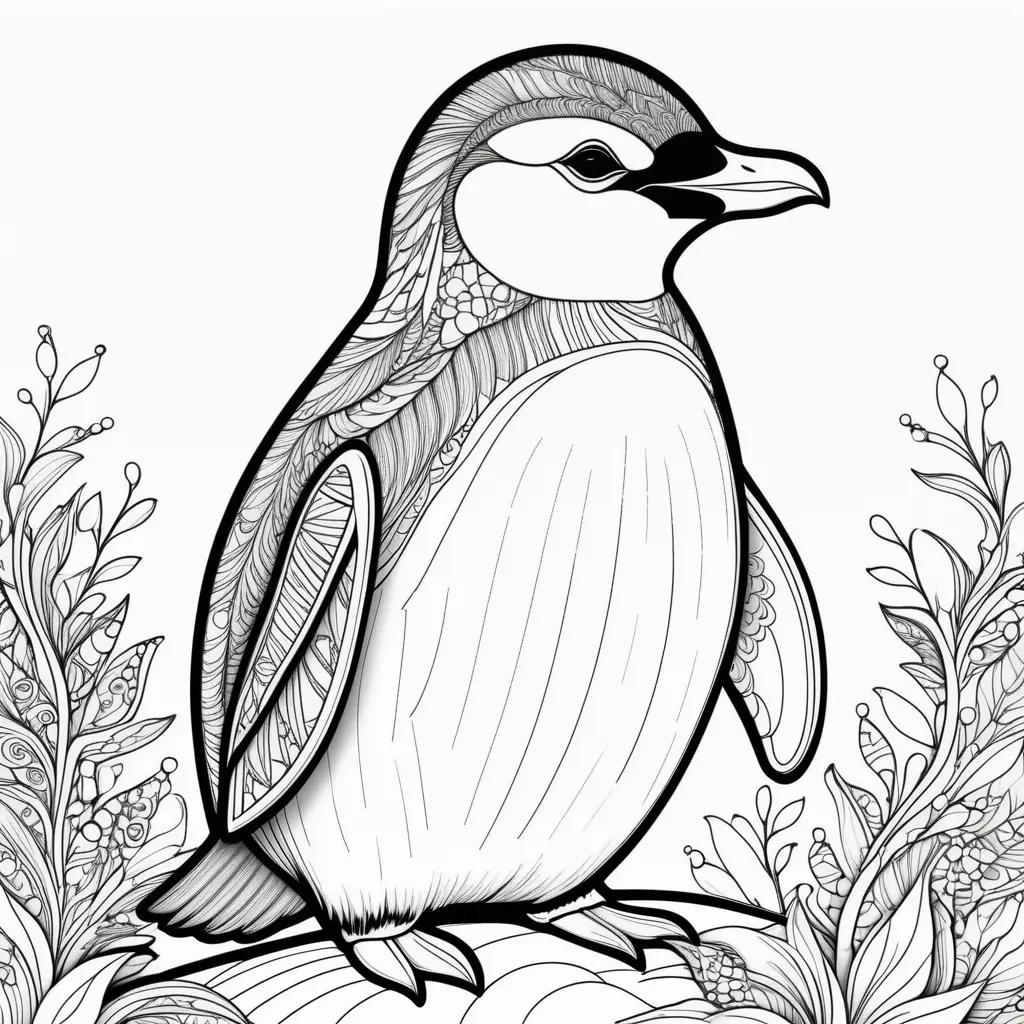 black and white penguin coloring page with a flower in the background