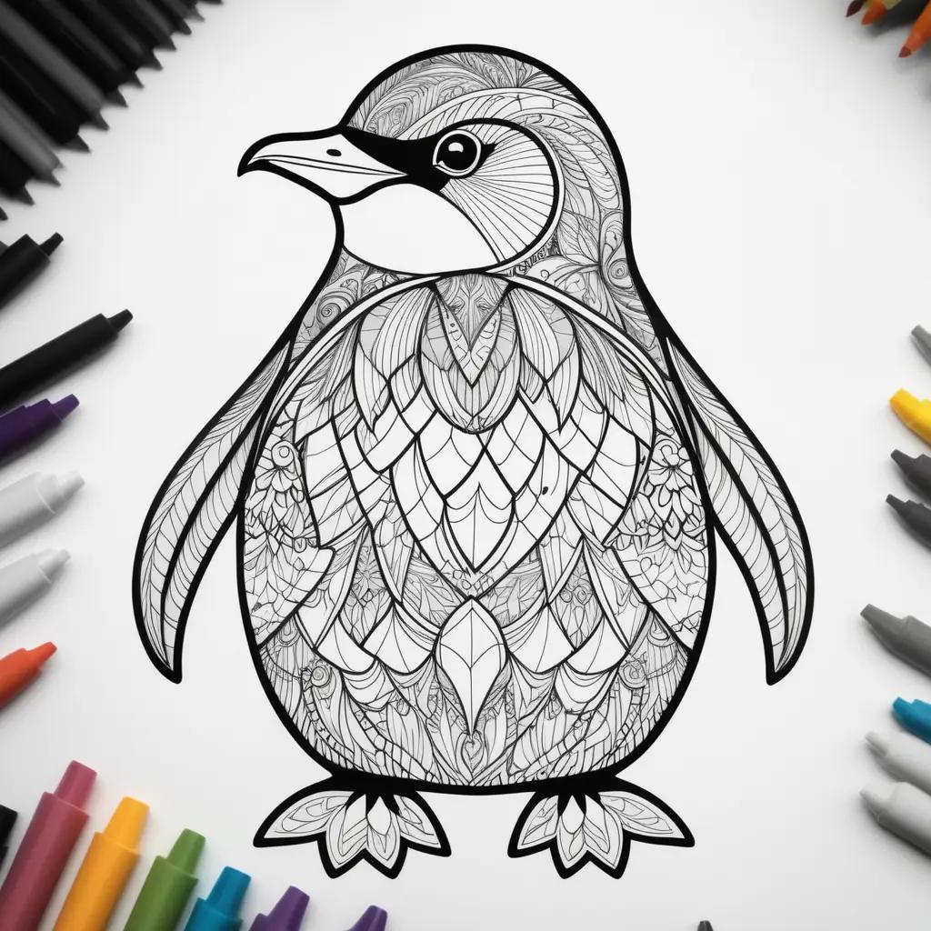 black and white penguin coloring page with a variety of colors