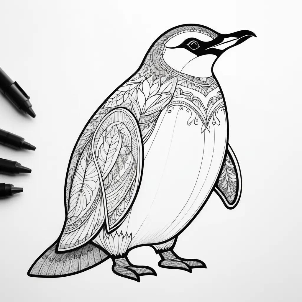 black and white penguin coloring page with a white border