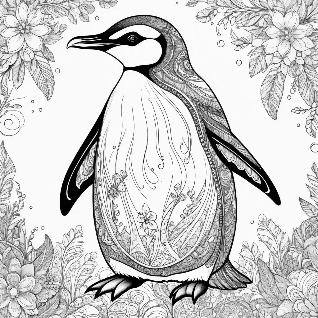 black and white penguin coloring page with floral background