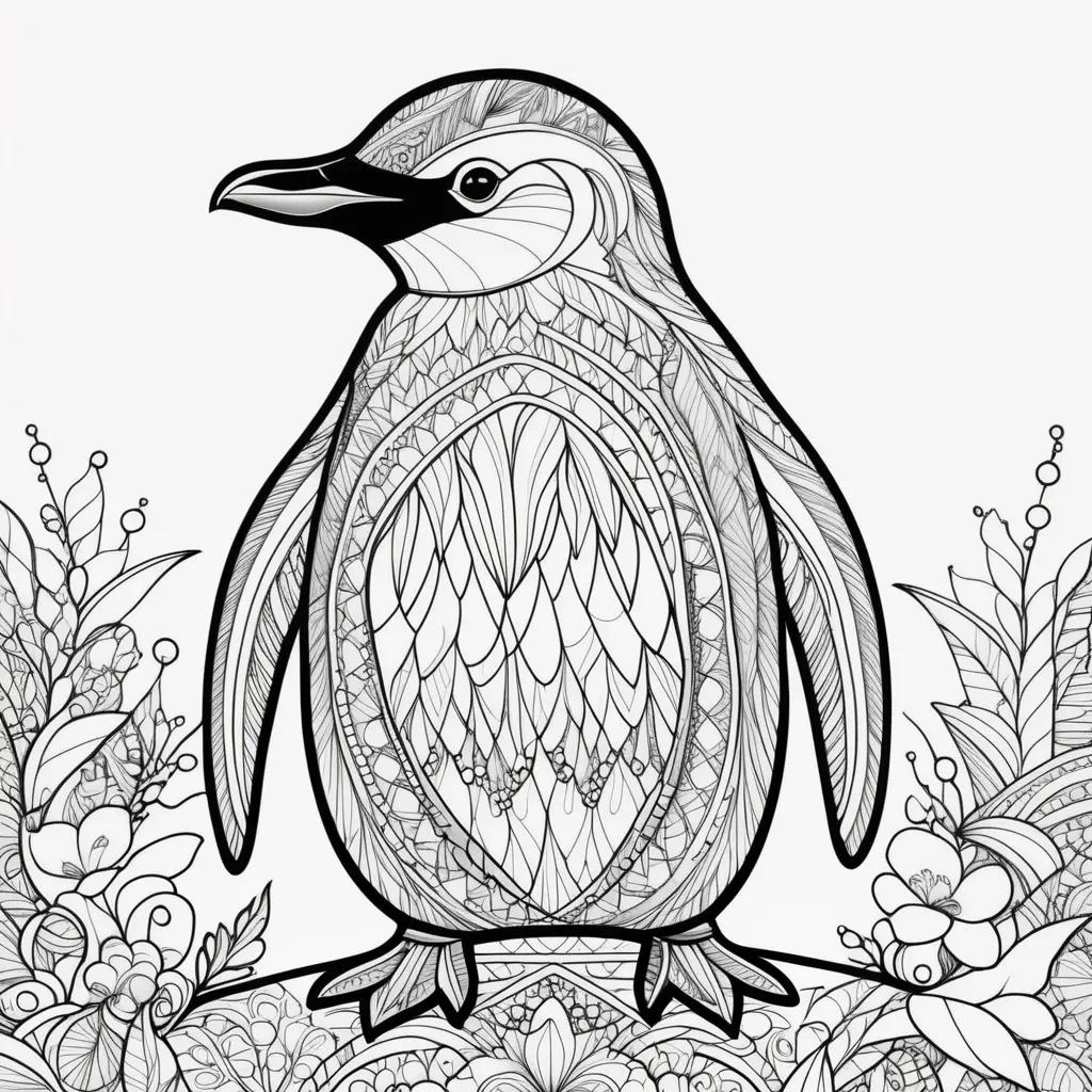 black and white penguin coloring page with floral designs