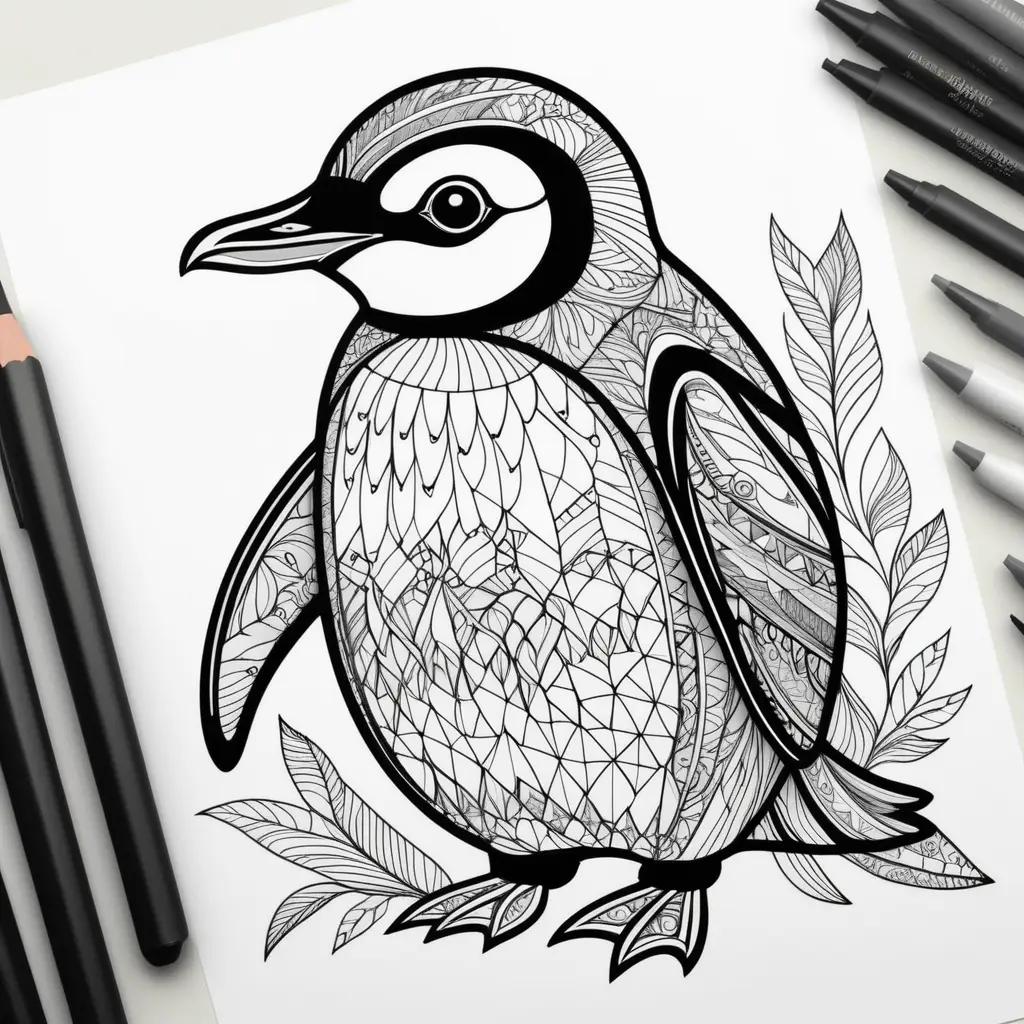 black and white penguin coloring page with geometric patterns