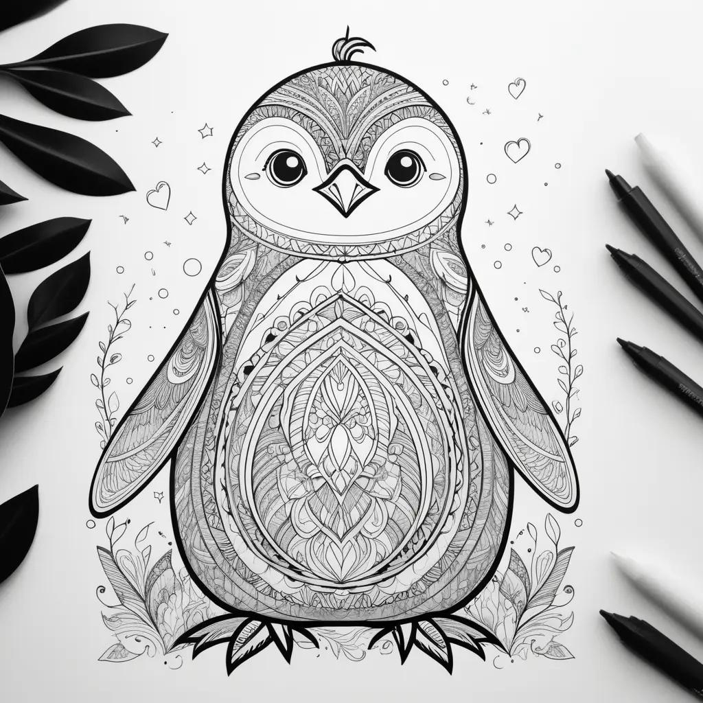 black and white penguin coloring page with hearts and leaves