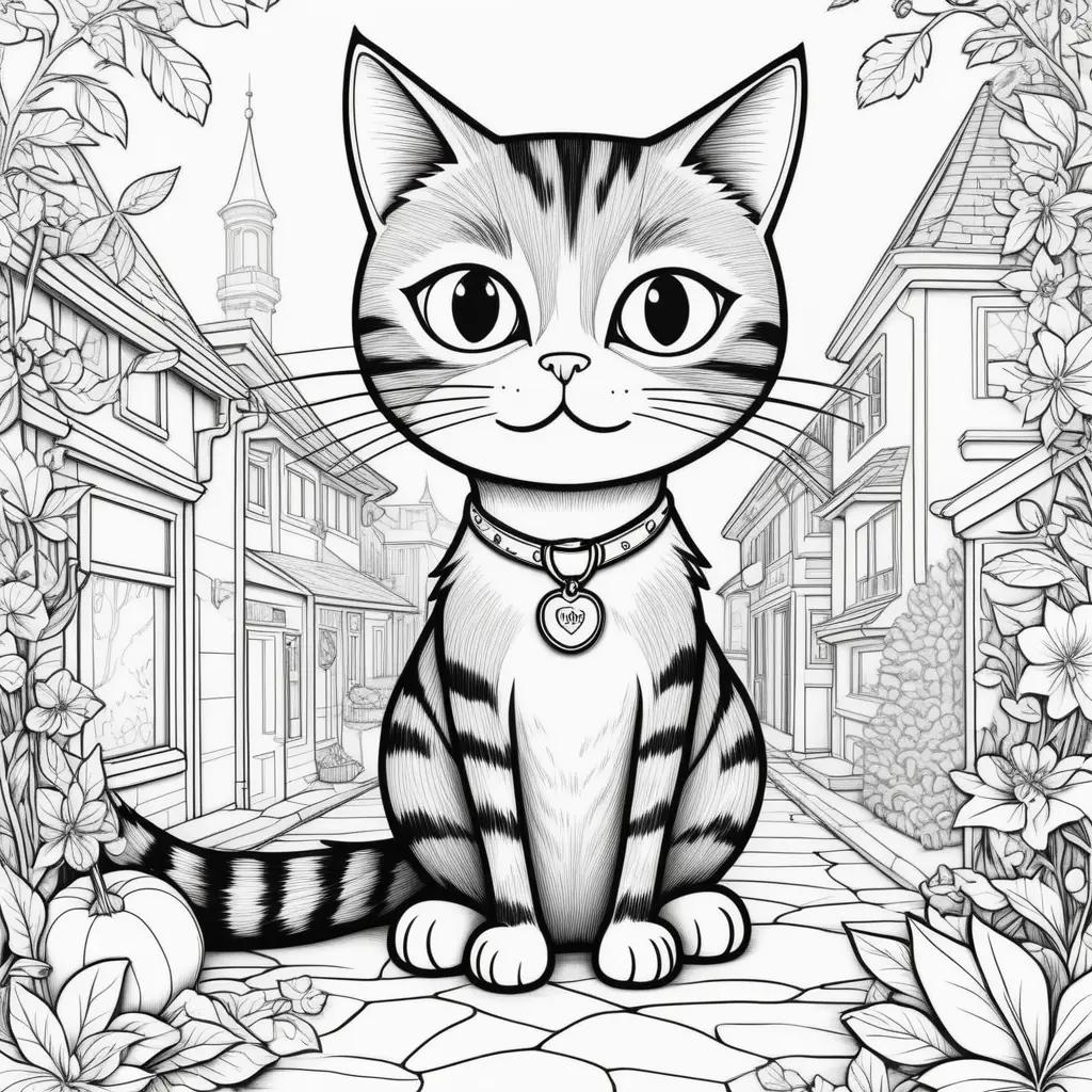 black and white pete the cat coloring page with a collar and ball