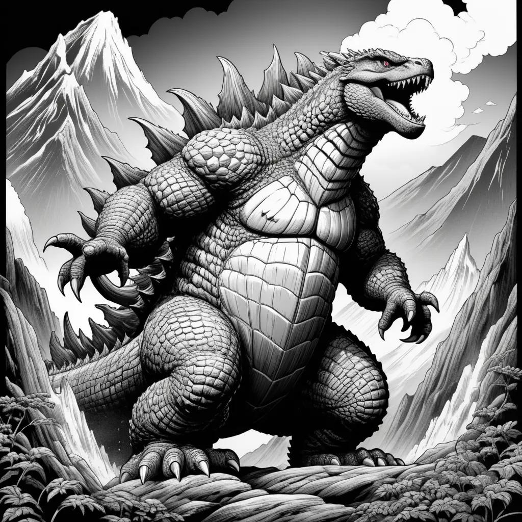 black and white picture of Godzilla