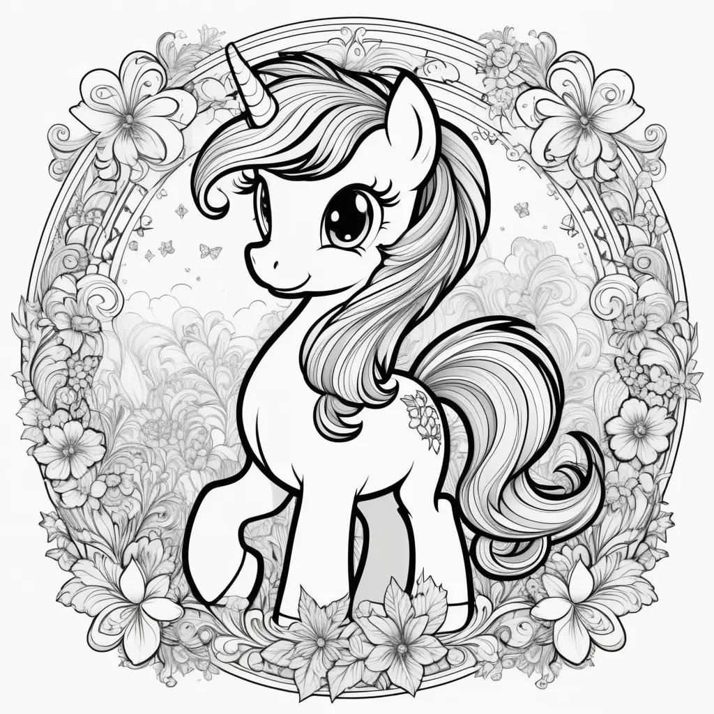 black and white picture of a unicorn in a flower circle