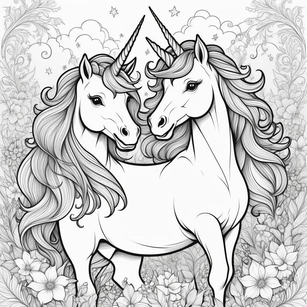 black and white picture of two unicorns in a flower field