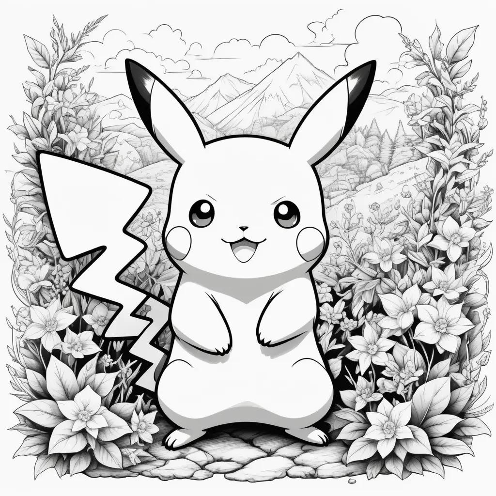 black and white pikachu color page with flowers