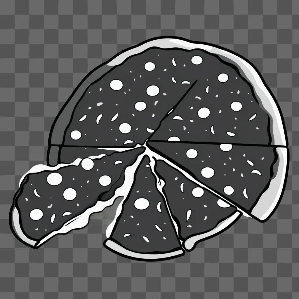 black and white pizza with a slice missing