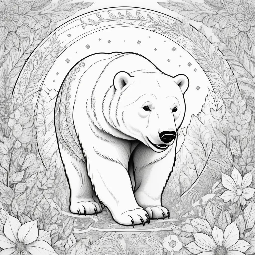 black and white polar bear with flowers and leaves around it