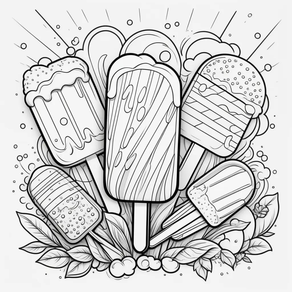 black and white popsicle color page with ice cream and fruit