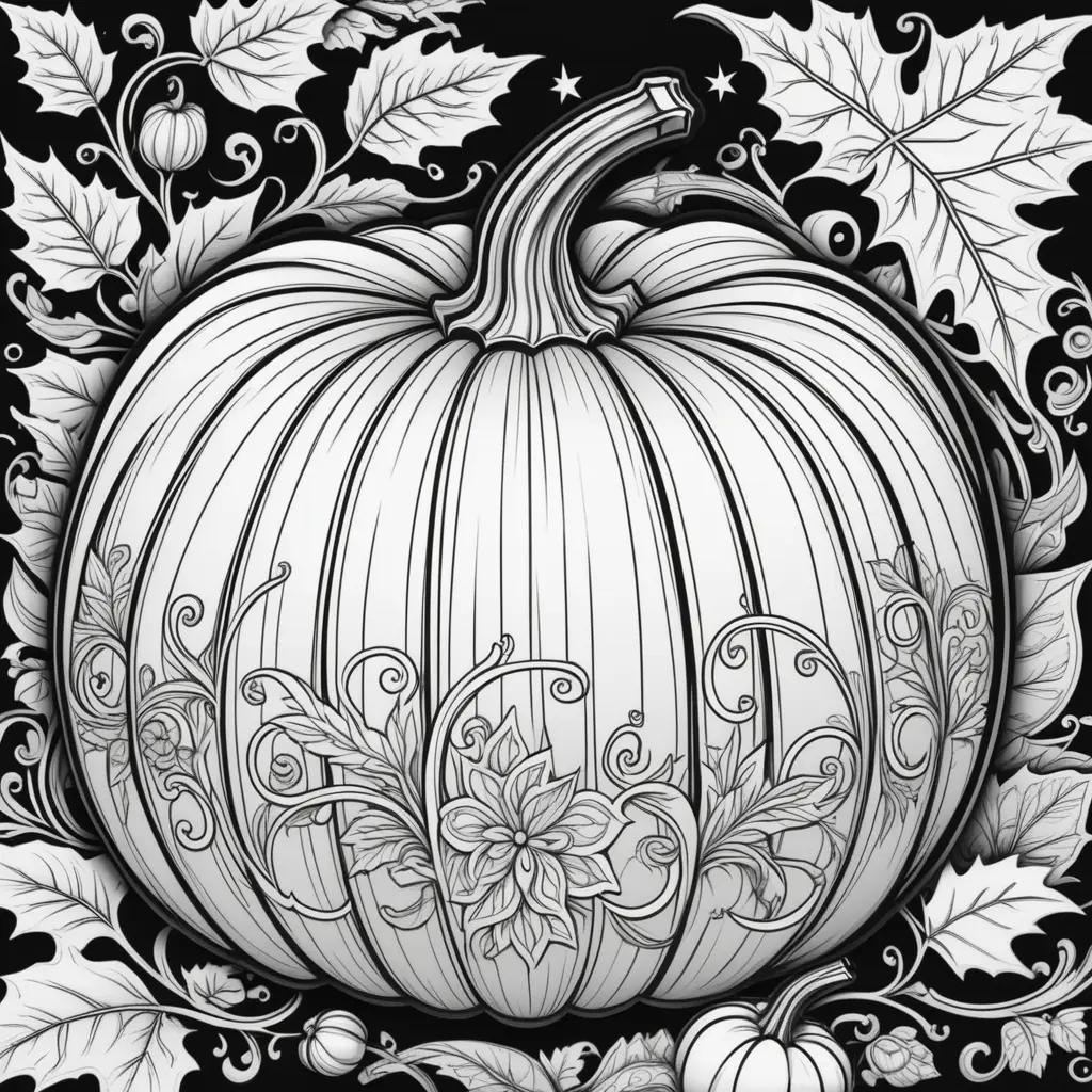 black and white pumpkin coloring page with leaves