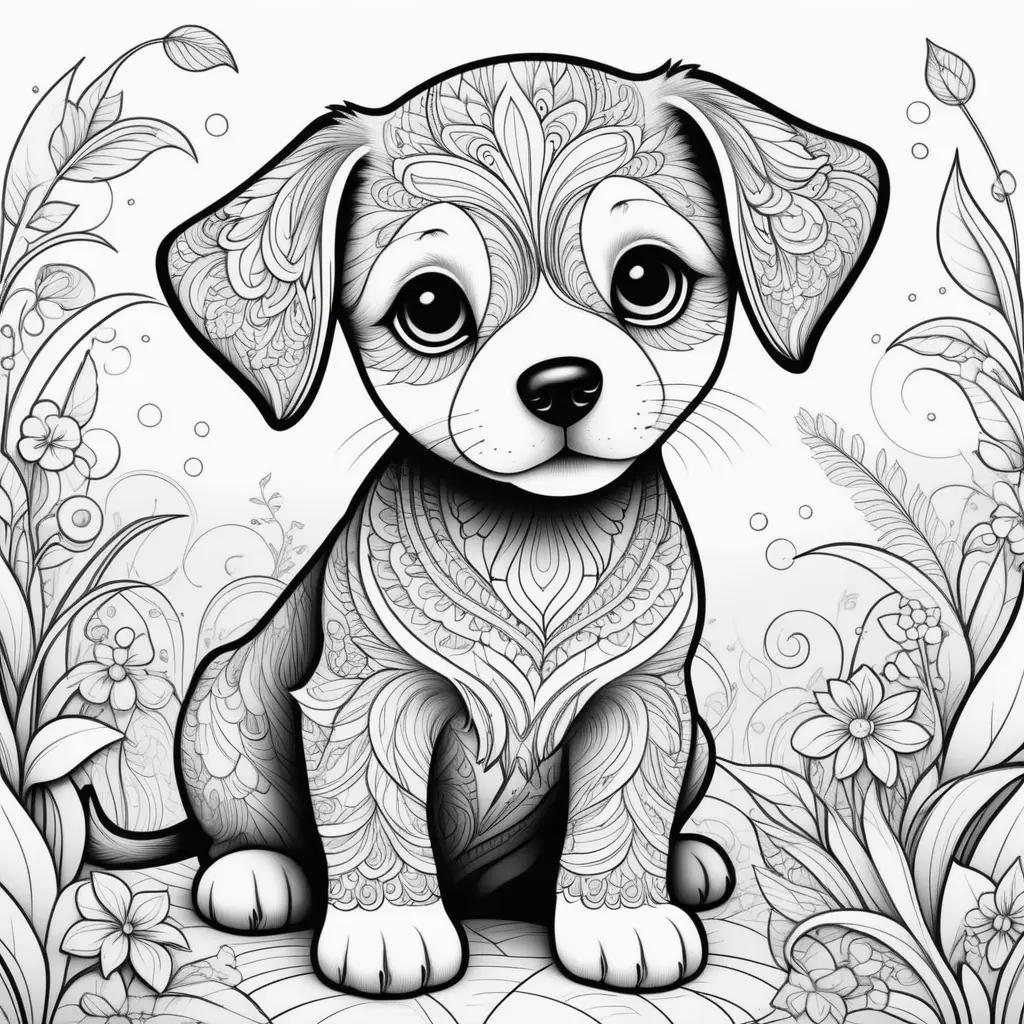 black and white puppy coloring book page featuring a cute dog