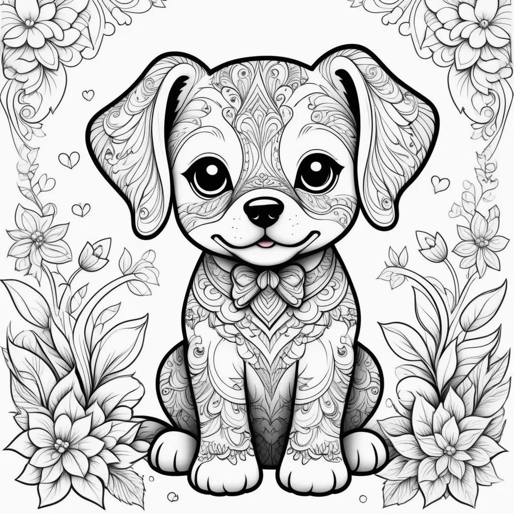 black and white puppy coloring page with flowers