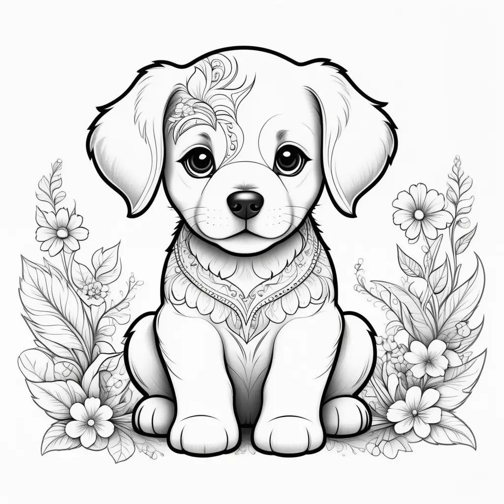 black and white puppy coloring page with flowers