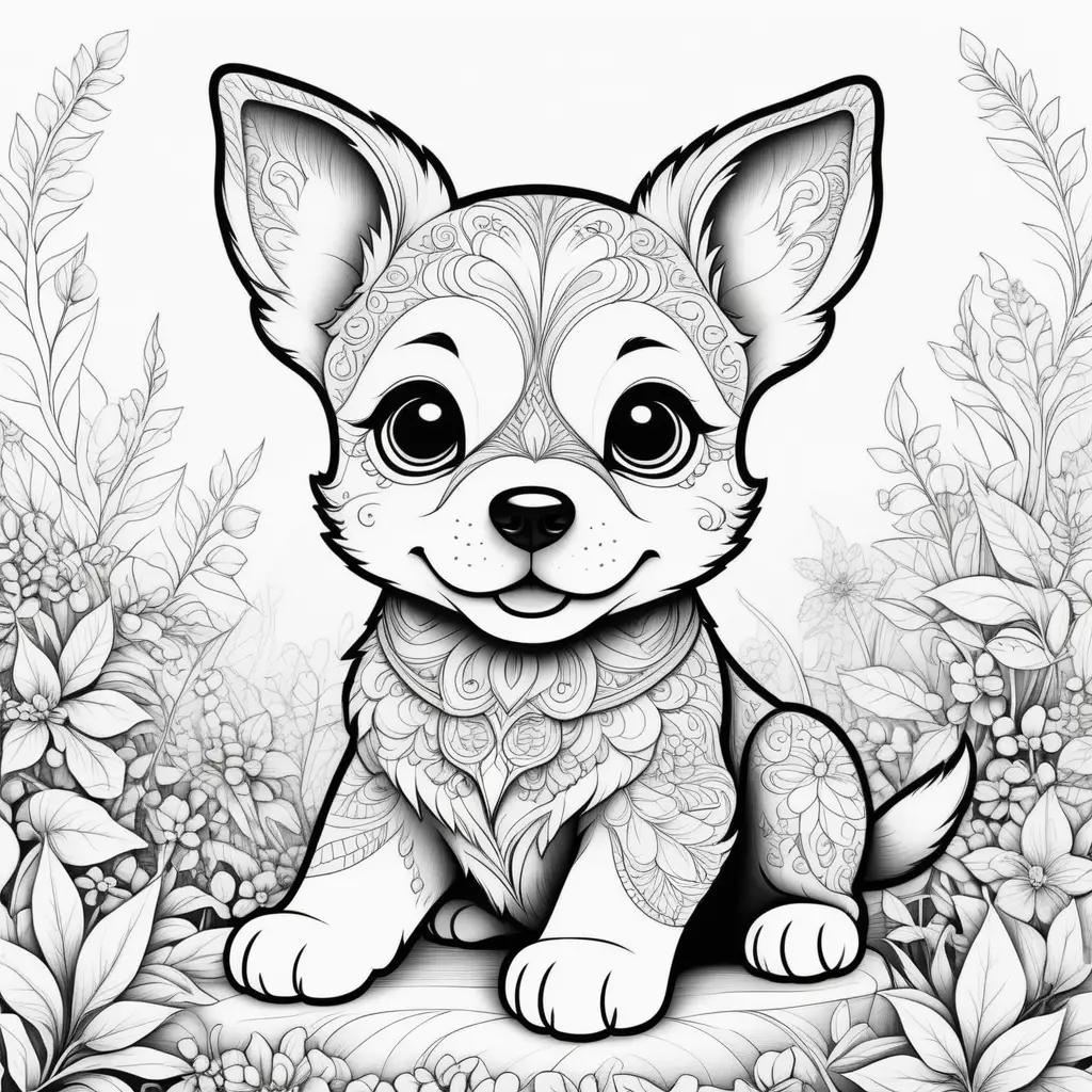 black and white puppy sits in a floral design coloring page